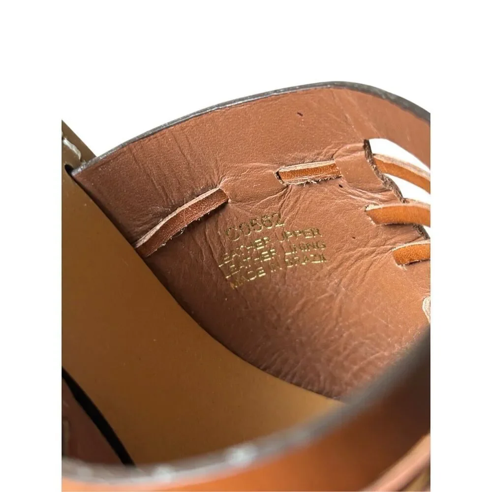 J. Crew Marlow Huarache Leather Mules Sandals size 7.5 Block Wood Heel‎ Brown